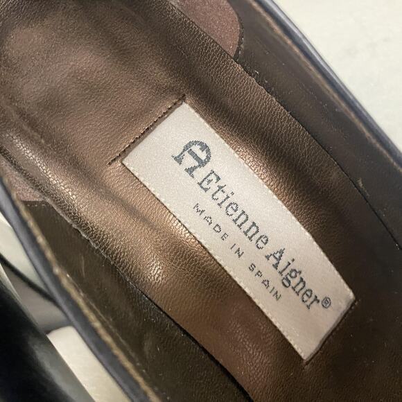 VTG Etienne Aigner Heels Womens 7.5 Black Leather Pumps Square Toe Chunky Heel - Picture 12 of 14